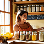 **

A vibrant, eco-friendly kitchen scene featuring repurposed glass jars neatly organized on shelves, filled with colorful spices and grains. Sunlight streams through a window, illuminating a woman smiling as she reaches for a jar. The style is bright, inviting, and emphasizes sustainable living in a Spanish home.

**