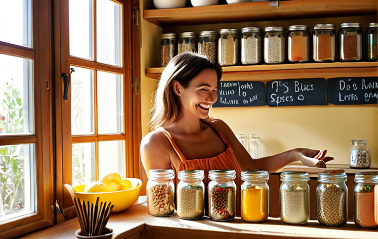 **
A vibrant, eco-friendly kitchen scene featuring repurposed glass jars neatly organized on shelves, filled with colorful spices and grains. Sunlight streams through a window, illuminating a woman smiling as she reaches for a jar. The style is bright, inviting, and emphasizes sustainable living in a Spanish home.
**