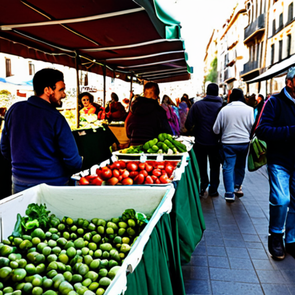 제로웨이스트 산업 내 협업 모델 - **Image Prompt:** "A bustling farmers market in Barcelona, Spain, showcasing local, organic produce....