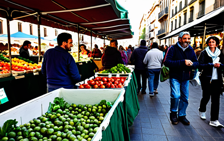 제로웨이스트 산업 내 협업 모델 - **Image Prompt:** "A bustling farmers market in Barcelona, Spain, showcasing local, organic produce....