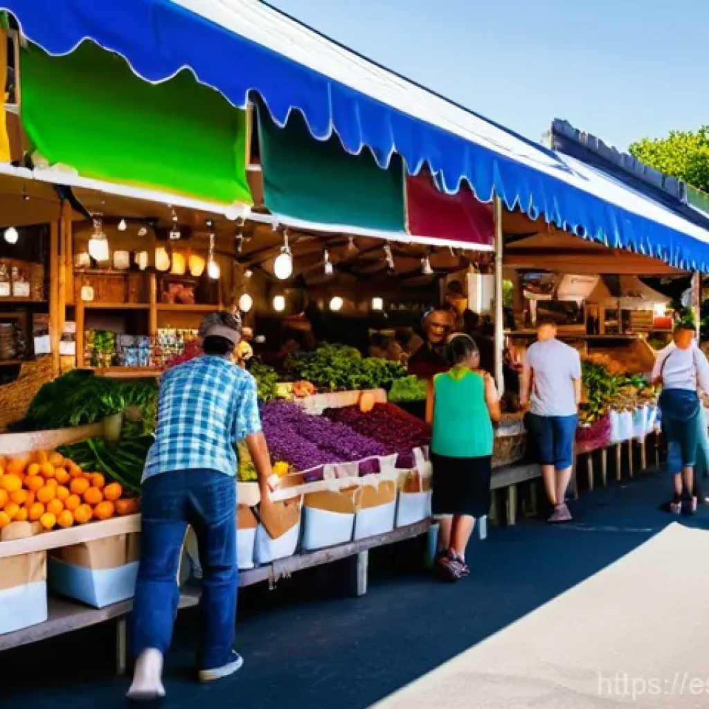 제로웨이스트 산업의 주요 성공 요인 - **Prompt:** A bustling, vibrant outdoor farmers' market or a charming local 'tienda a granel' (bulk ...