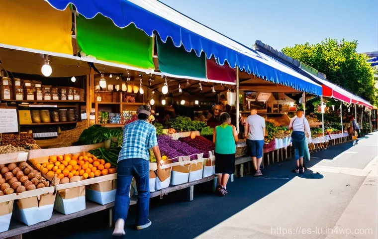 제로웨이스트 산업의 주요 성공 요인 - **Prompt:** A bustling, vibrant outdoor farmers' market or a charming local 'tienda a granel' (bulk ...