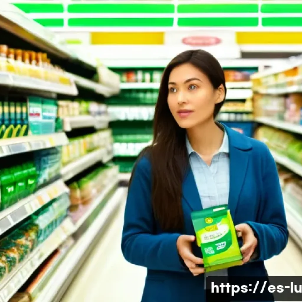 제로웨이스트 제품 인증 제도 - **Prompt:** A discerning female consumer, in her late 20s to early 30s, stands in a brightly lit sup...