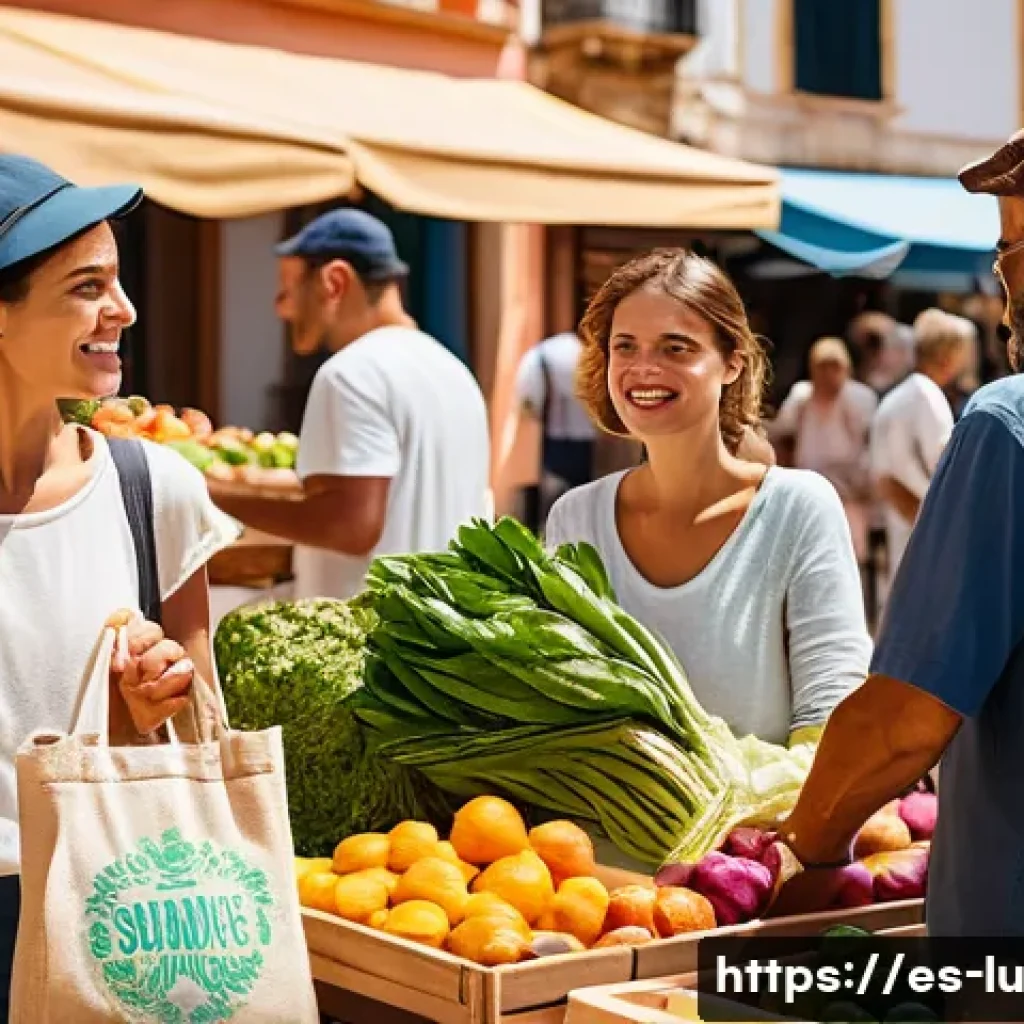 제로웨이스트 소비를 위한 체크리스트 - A vibrant local farmers’ market scene in a Spanish town, featuring diverse stalls with fresh seasona...