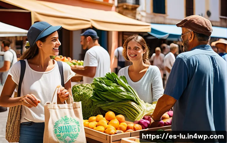 제로웨이스트 소비를 위한 체크리스트 - A vibrant local farmers&rsquo; market scene in a Spanish town, featuring diverse stalls with fresh seasona...