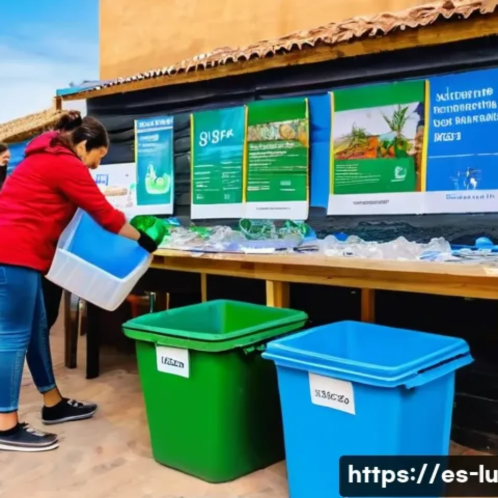 제로웨이스트 기업과 협력하는 NGO - A vibrant community recycling workshop in a Spanish neighborhood market, featuring diverse adults an...