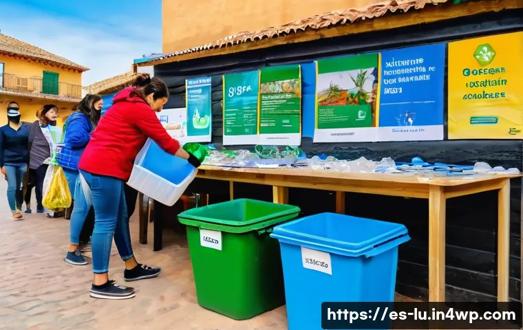 제로웨이스트 기업과 협력하는 NGO - A vibrant community recycling workshop in a Spanish neighborhood market, featuring diverse adults an...