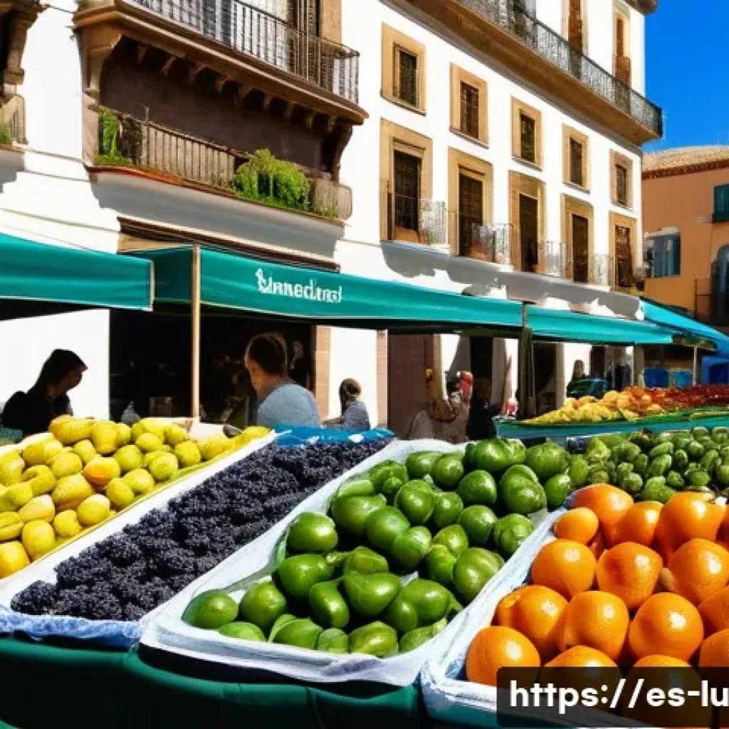 제로웨이스트 산업의 글로벌 트렌드 - A vibrant urban farmers’ market scene in Spain, showcasing local vendors selling fresh organic fruit...