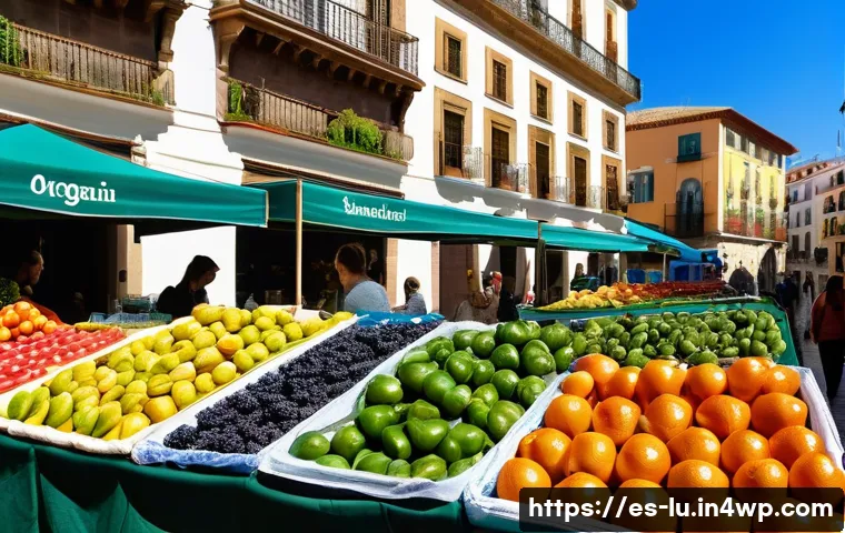 제로웨이스트 산업의 글로벌 트렌드 - A vibrant urban farmers’ market scene in Spain, showcasing local vendors selling fresh organic fruit...