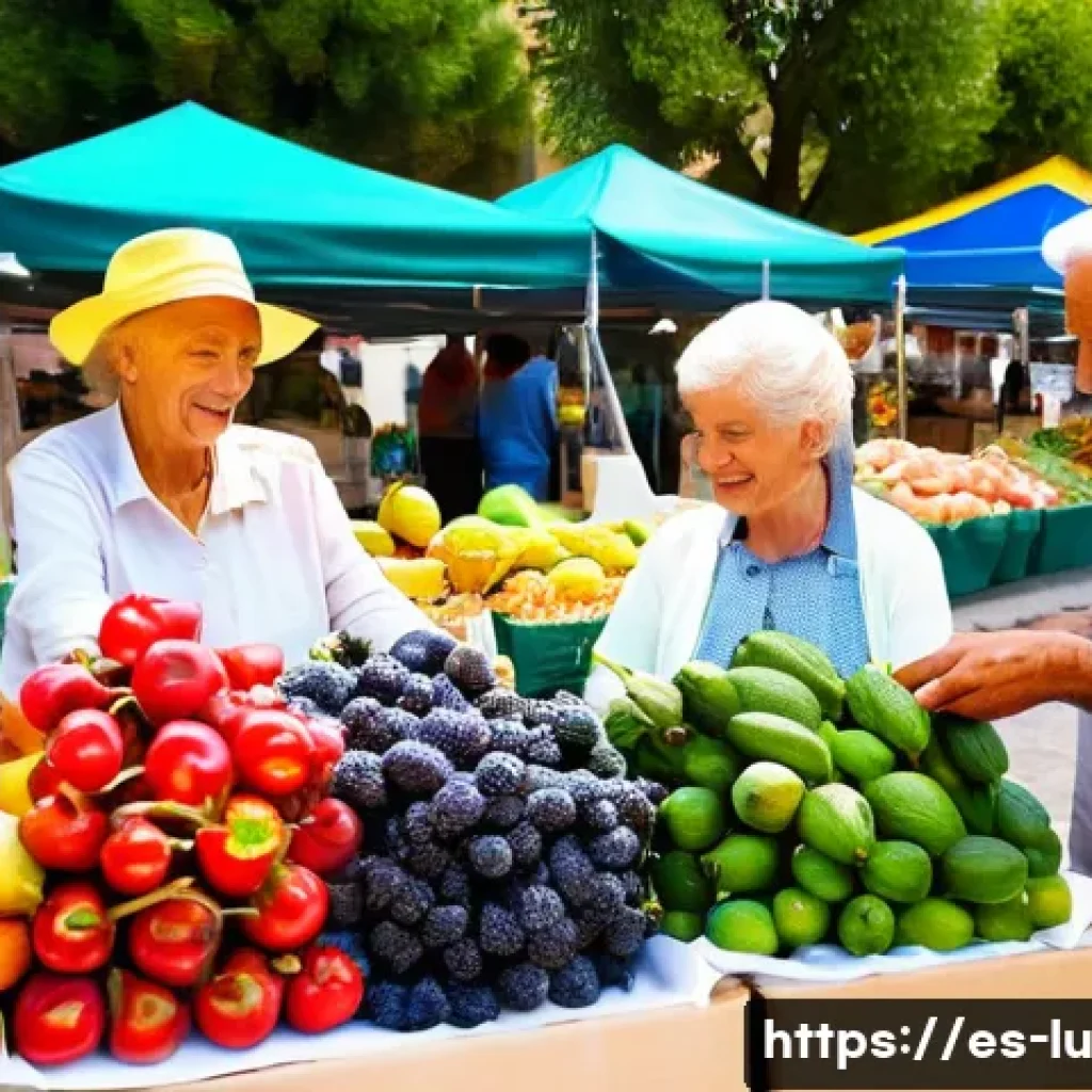 제로웨이스트 산업에 대한 소비자 인식 조사 - A vibrant farmers market scene in a sunny Spanish town square, showcasing eco-conscious shoppers usi...