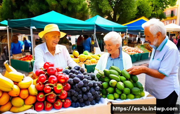 제로웨이스트 산업에 대한 소비자 인식 조사 - A vibrant farmers market scene in a sunny Spanish town square, showcasing eco-conscious shoppers usi...
