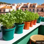 제로웨이스트와 도시 농업의 조화 - A vibrant urban balcony garden scene in a sunny Spanish city apartment, showing various small potted...