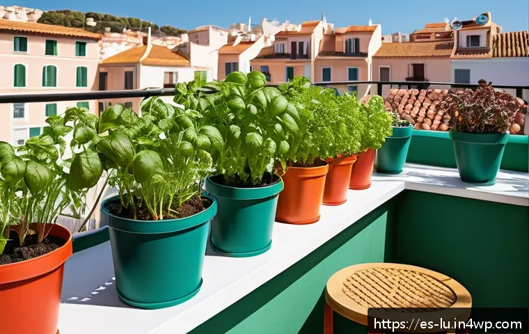 제로웨이스트와 도시 농업의 조화 - A vibrant urban balcony garden scene in a sunny Spanish city apartment, showing various small potted...