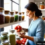 제로웨이스트 가정에서의 음식물 쓰레기 줄이기 - A bright and cozy Spanish kitchen scene showing a middle-aged woman organizing her pantry with clear...