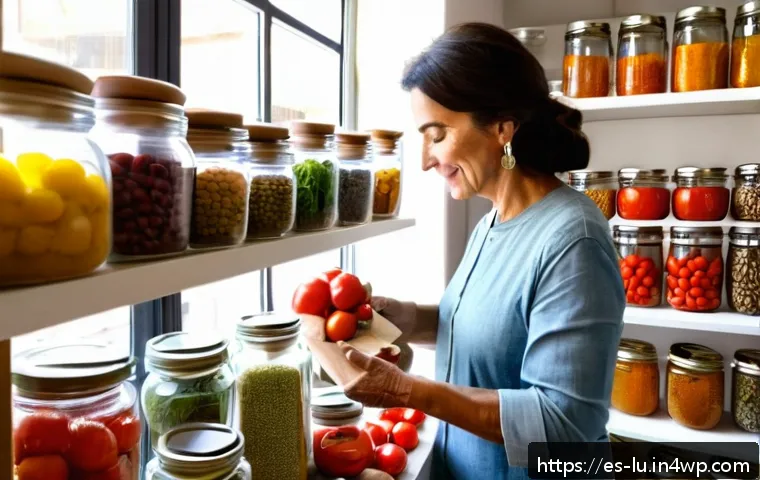 제로웨이스트 가정에서의 음식물 쓰레기 줄이기 - A bright and cozy Spanish kitchen scene showing a middle-aged woman organizing her pantry with clear...