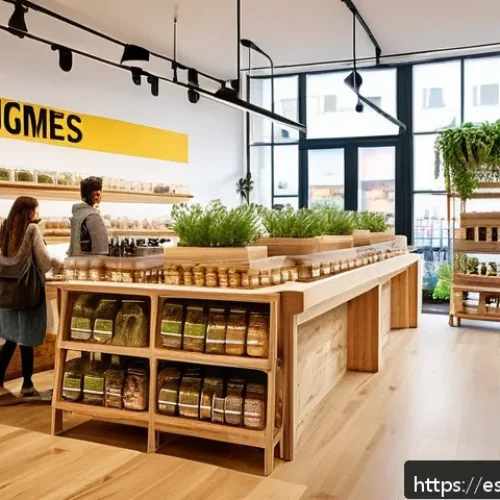 제로웨이스트 상점 운영 가이드 - A cozy zero waste store interior designed with warm natural lighting, featuring recycled wooden shel...