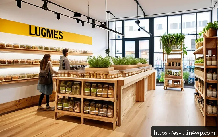 제로웨이스트 상점 운영 가이드 - A cozy zero waste store interior designed with warm natural lighting, featuring recycled wooden shel...