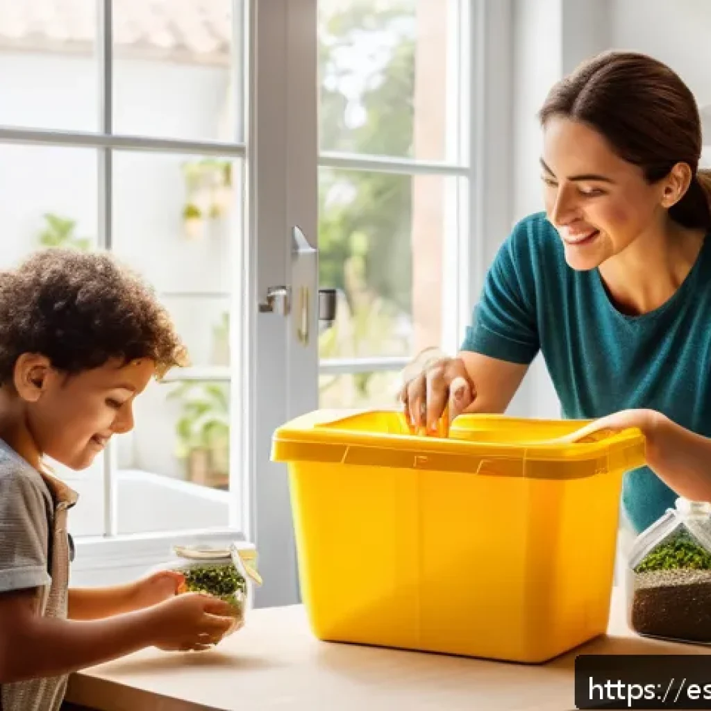 제로웨이스트 운동의 주요 캠페인 - A bright, cozy Spanish family kitchen scene with a mother, father, and two children (wearing diapers...