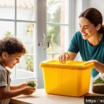 제로웨이스트 운동의 주요 캠페인 - A bright, cozy Spanish family kitchen scene with a mother, father, and two children (wearing diapers...