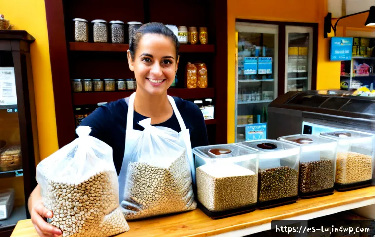 제로웨이스트 비즈니스 모델 분석 - Photorealistic zero-waste neighborhood grocery business in a sunny Spanish town, wide eye-level view...